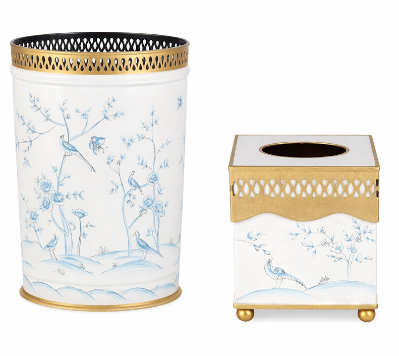 Ivory & Blue Pierced Wastepaper Basket & Tissue Holder | Classic Bathroom Décor