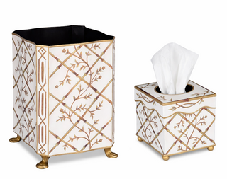 Ivory Bamboo & Floral Tissue Holder & Wastepaper Basket | Elegant Bath Décor