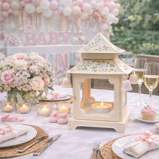 Pale Pink & Green Floral Pagoda Lantern | Chinoiserie Accent