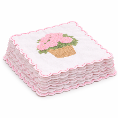 Set of 4 Pink Hydrangea Embroidered Cocktail Napkins
