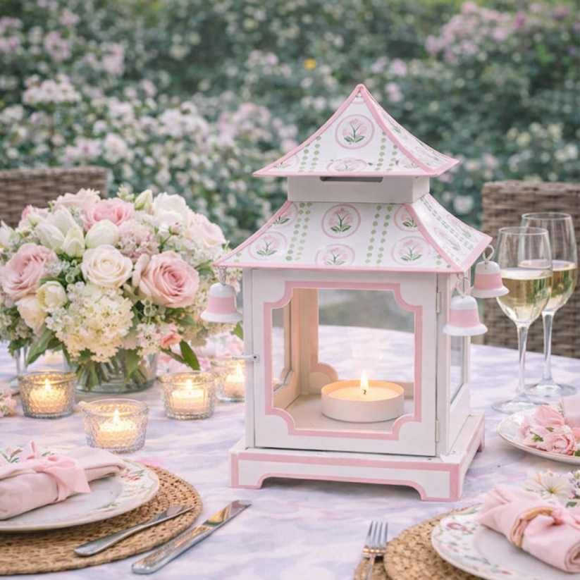 Pink Tulip Pagoda Lantern (3 Sizes) | Floral Chinoiserie Accent