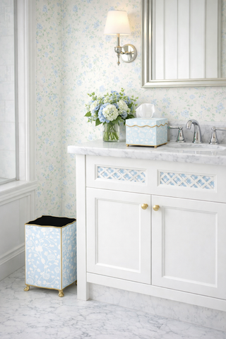 Pale Blue Spring Floral Wastepaper Basket & Tissue | Elegant Bath Décor