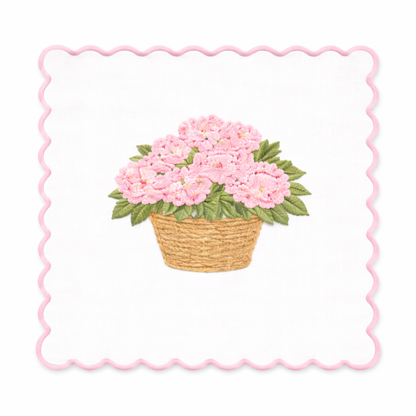 Set of 4 Pink Hydrangea Embroidered Cocktail Napkins