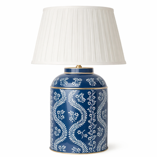 Navy Ikat Trellis Tea Caddy Table Lamp – Hand-Painted Chinoiserie Metal Lamp