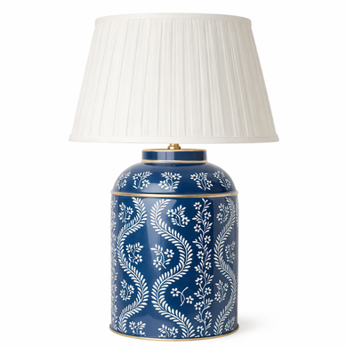 Navy Ikat Trellis Tea Caddy Table Lamp – Hand-Painted Chinoiserie Metal Lamp