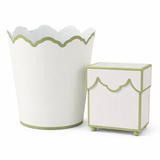 White & Olive Scalloped Wastepaper Basket & Tissue Box Set