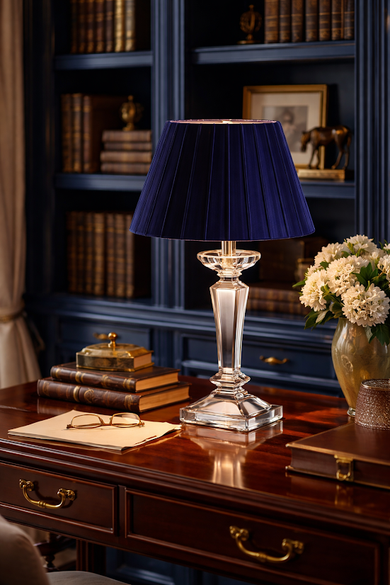 Square Crystal Rechargeable Lamp with Navy Velvet Shade
