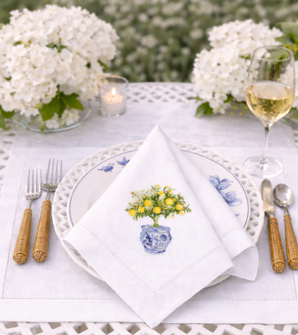 Set of 4 Lemon Topiary Embroidered Dinner Napkins
