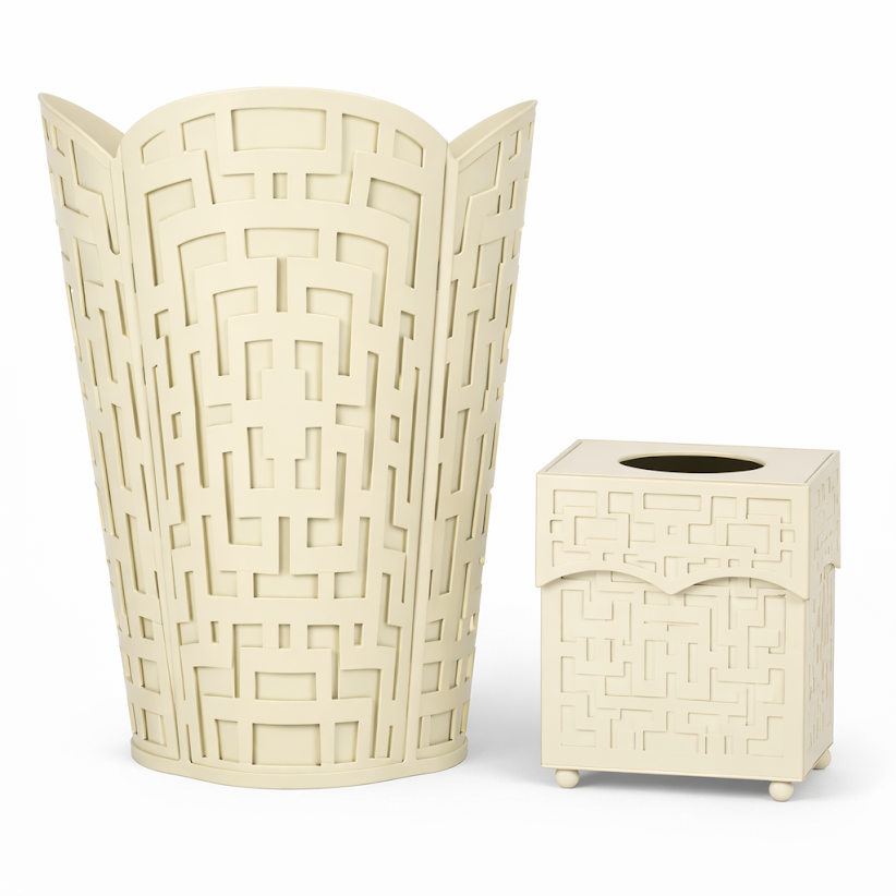 Cream Fretwork Wastepaper Basket & Tissue Holder | Elegant Bath Décor