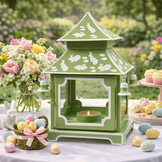 Grass Green & White Bunny Pagoda Lantern | Chinoiserie Accent