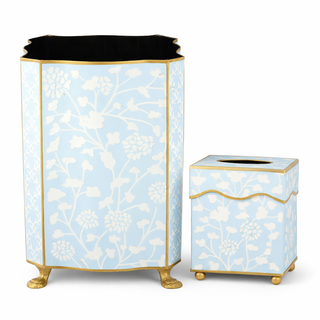 Pale Blue Spring Floral Wastepaper Basket & Tissue | Elegant Bath Décor