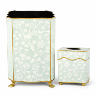 Pale Green Spring Floral Wastepaper Basket & Tissue | Elegant Bath Décor