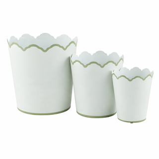 White & Soft Green Scalloped Bucket Wastepaper Basket & Planters (3 Sizes) | Elegant Décor