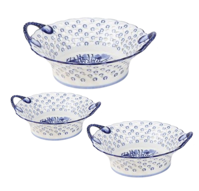 Blue & White Floral Pierced Handle Bowls, Set of 3