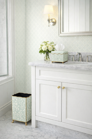 Pale Green Spring Floral Wastepaper Basket & Tissue | Elegant Bath Décor