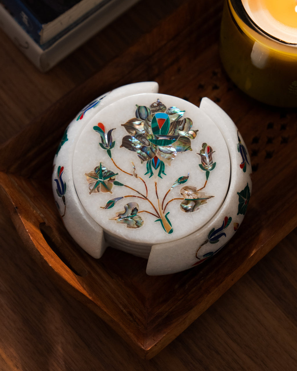 Mughal Multicolored Marble Inlay Coaster Set (6-Piece) – Gemstone Pietra Dura with Holder