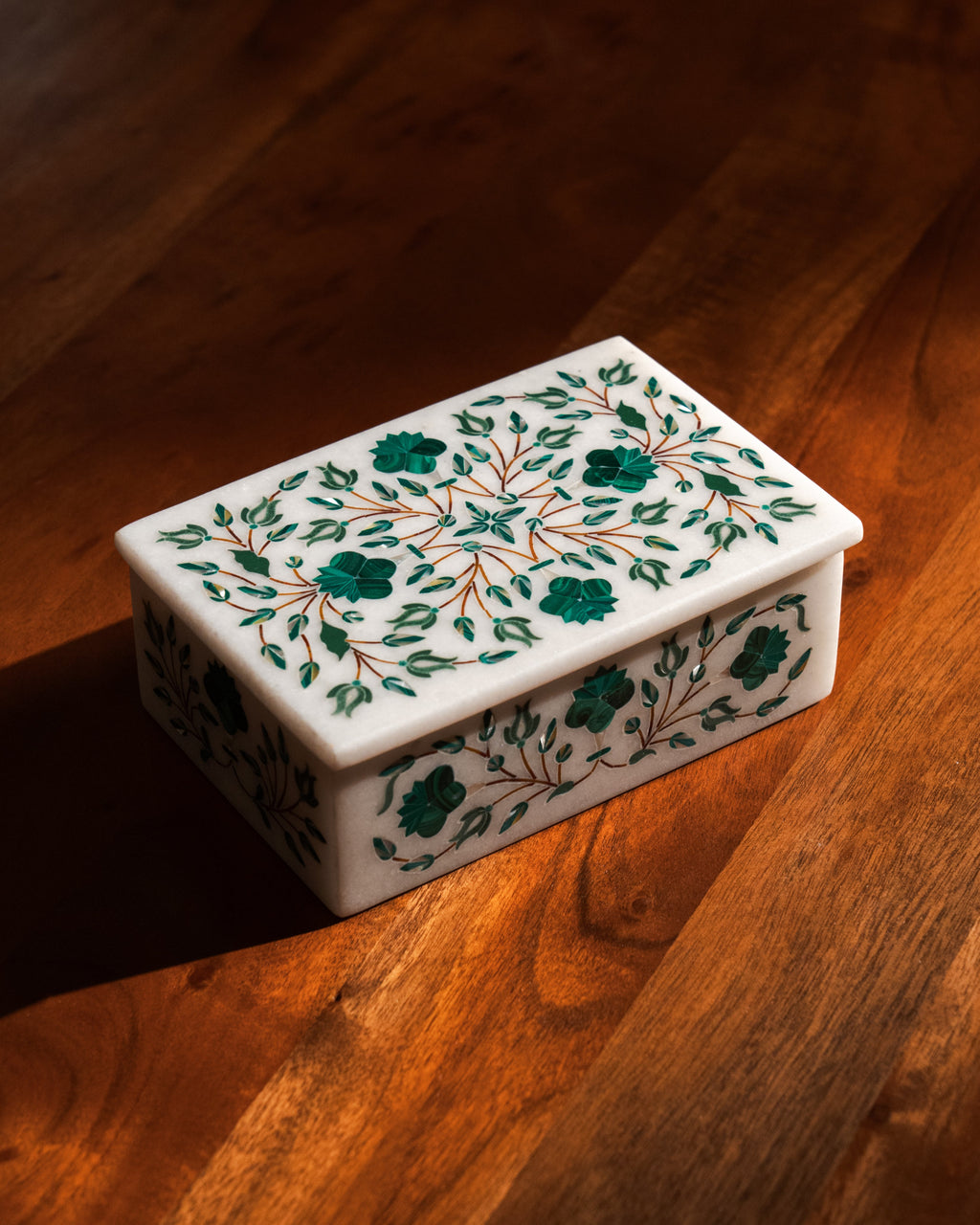 Malachite & Mother of Pearl Marble Inlay Box – Handcrafted Pietra Dura Keepsake