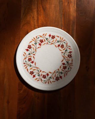 White Round Marble Inlay Platter – Handcrafted Mughal Pietra Dura Design