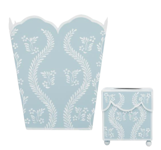 Sky Blue Square Trellis Wastepaper Basket & Tissue Holder | Elegant Bath Décor