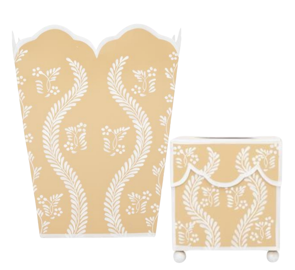 Tan Square Trellis Wastepaper Basket & Tissue Holder | Classic Bath Décor