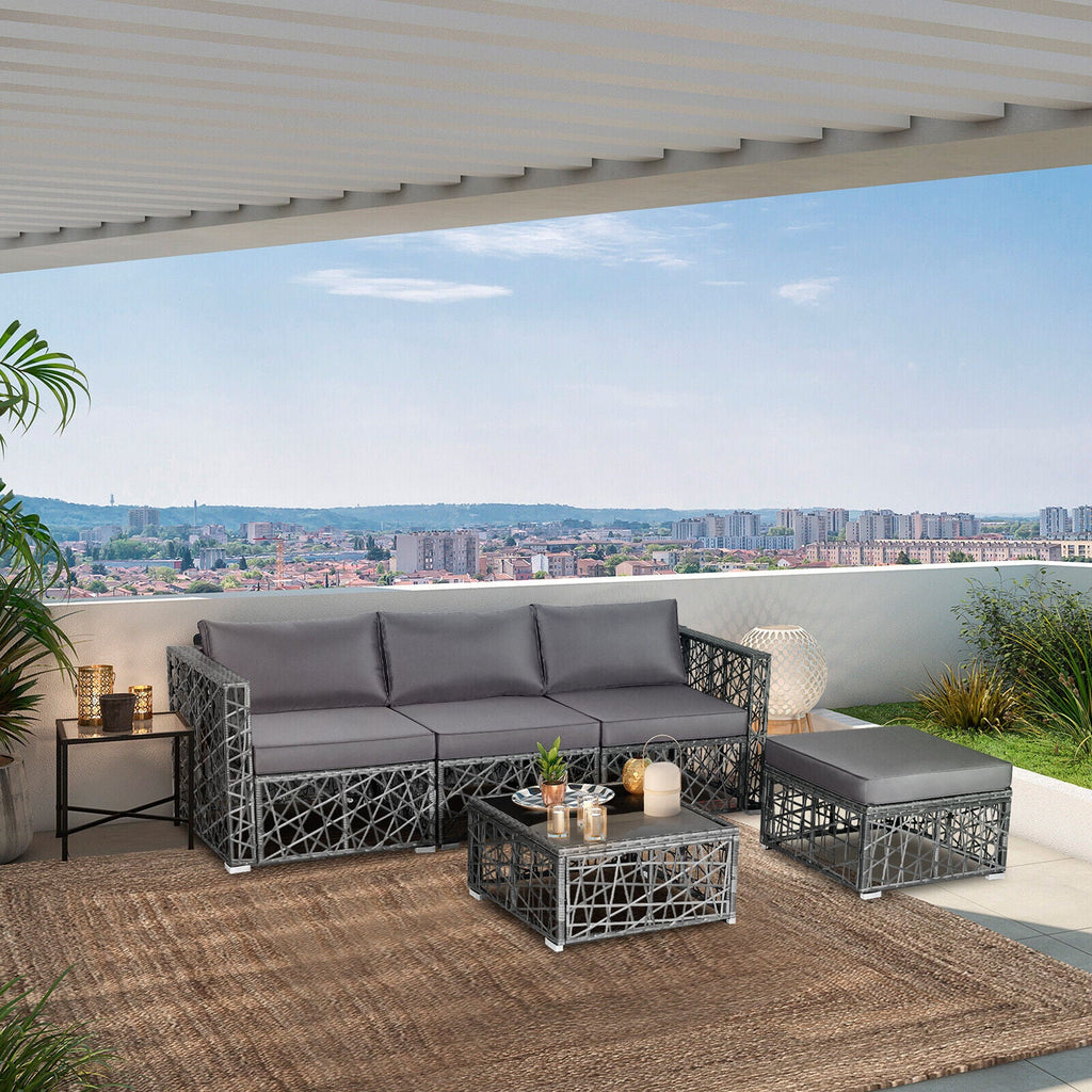 5-Piece PE Rattan Wicker Patio Sectional Sofa Set with Gray Cushions