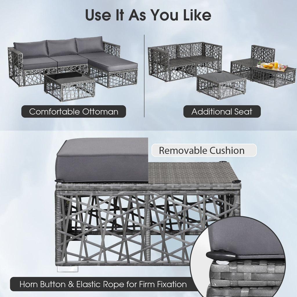 5-Piece PE Rattan Wicker Patio Sectional Sofa Set with Gray Cushions
