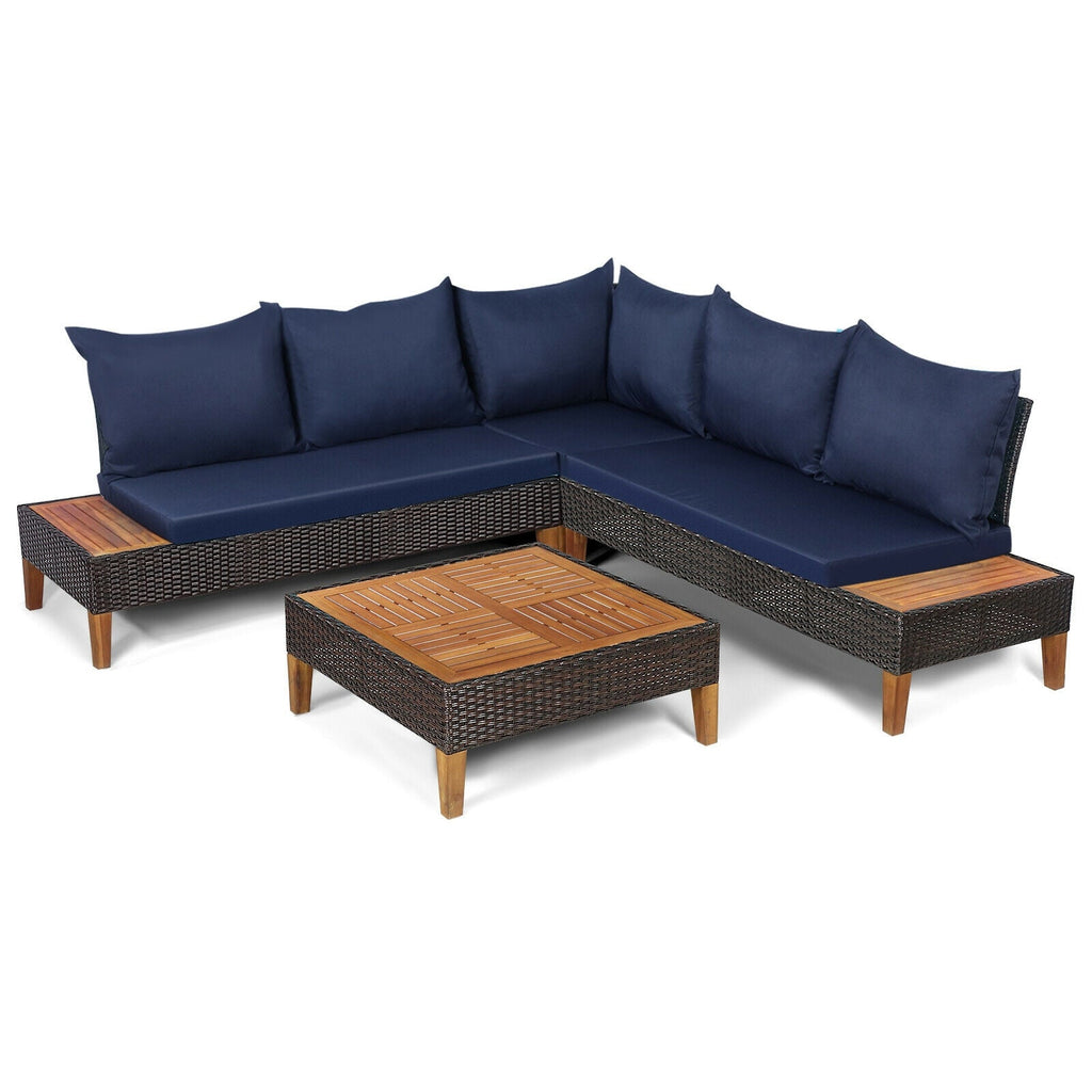 4-Piece Cushioned PE Rattan Patio Furniture Set with Acacia Wood Tables