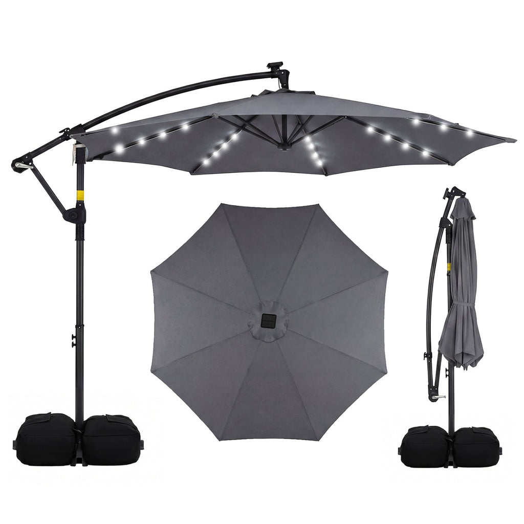 10-Foot Solar LED Cantilever Patio Umbrella with 360° Rotation and Weighted Base