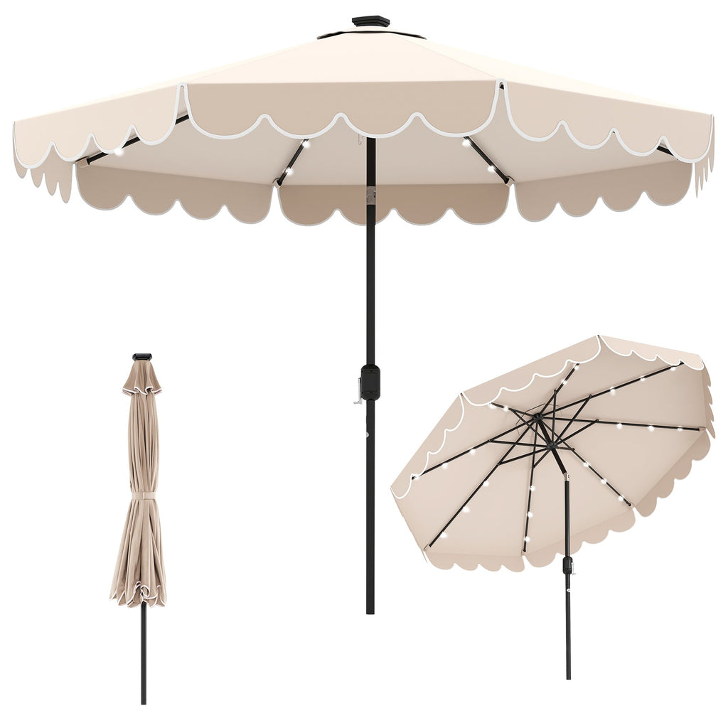 10-Foot Solar Patio Umbrella with 24 LED Lights and Ruffled Canopy
