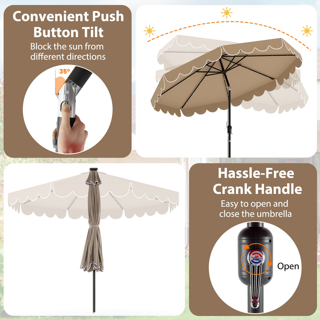 10-Foot Solar Patio Umbrella with 24 LED Lights and Ruffled Canopy