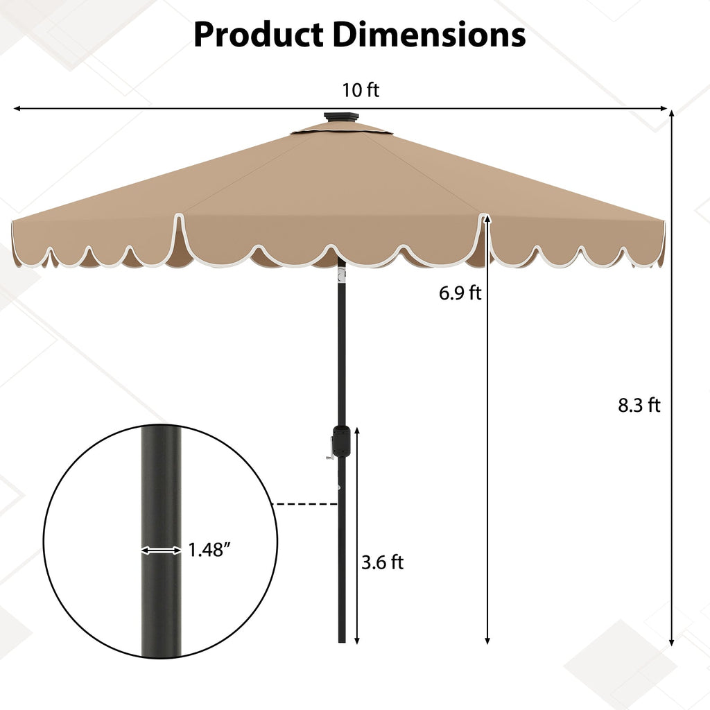 10-Foot Solar Patio Umbrella with 24 LED Lights and Ruffled Canopy
