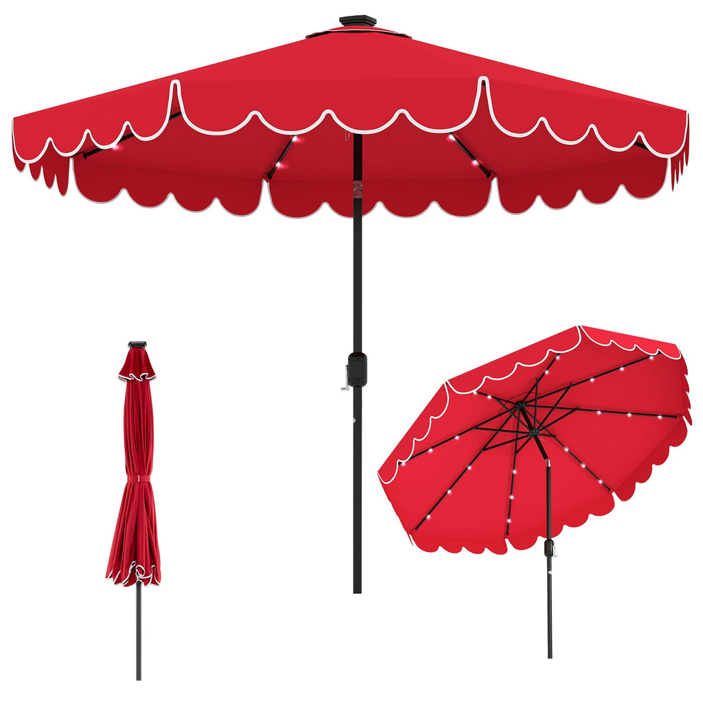 10-Foot Solar Patio Umbrella with 24 LED Lights and Ruffled Canopy