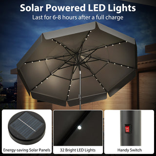 10-Foot Solar Patio Umbrella with 32 LED Lights and 3-Tier Vented Top
