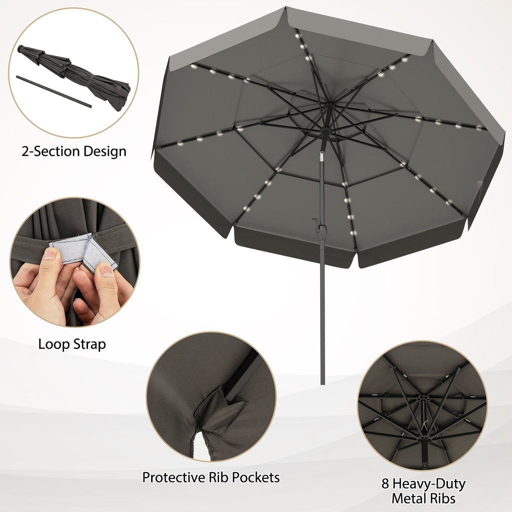 10-Foot Solar Patio Umbrella with 32 LED Lights and 3-Tier Vented Top