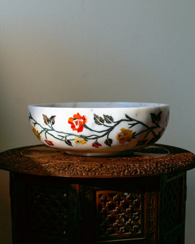 Banswara Marble Floral Inlay Bowl – Handcrafted Pietra Dura Masterpiece