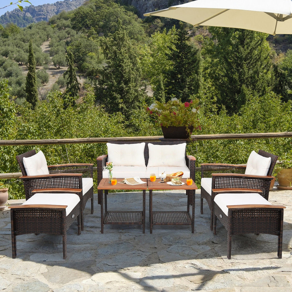 7-Piece Mixed Brown PE Rattan Patio Conversation Set with Cushions