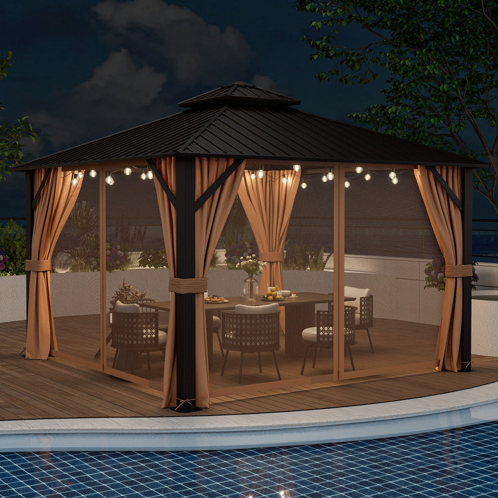 Double-Roof Hardtop Gazebo with Curtains and Netting – 12' x 12', Coffee