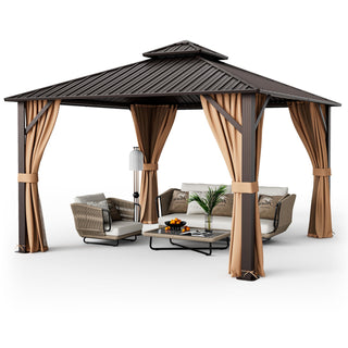 Double-Roof Hardtop Gazebo with Curtains and Netting – 12' x 12', Coffee