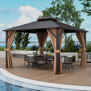 Double-Roof Hardtop Gazebo with Curtains and Netting – 12' x 12', Coffee
