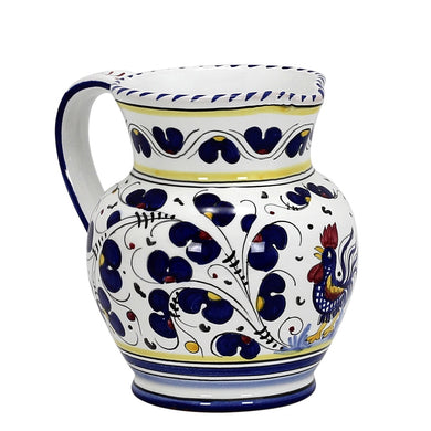 ORVIETO BLU ROOSTER: Traditional Deruta Pitcher (1.25 Liters/40 Oz/5 Cups)