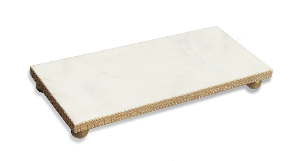 White Marble Oblong Tray with Gold Beaded Edge – 14