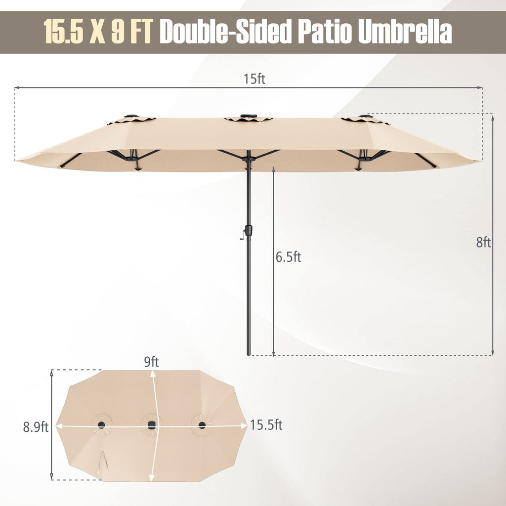 15.5-Foot Double-Sided Patio Umbrella with 144 Solar LED Lights