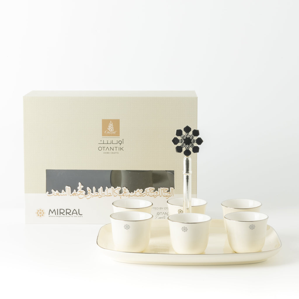 Mirral - Arabic Coffee Cups With Holder - White & Silver