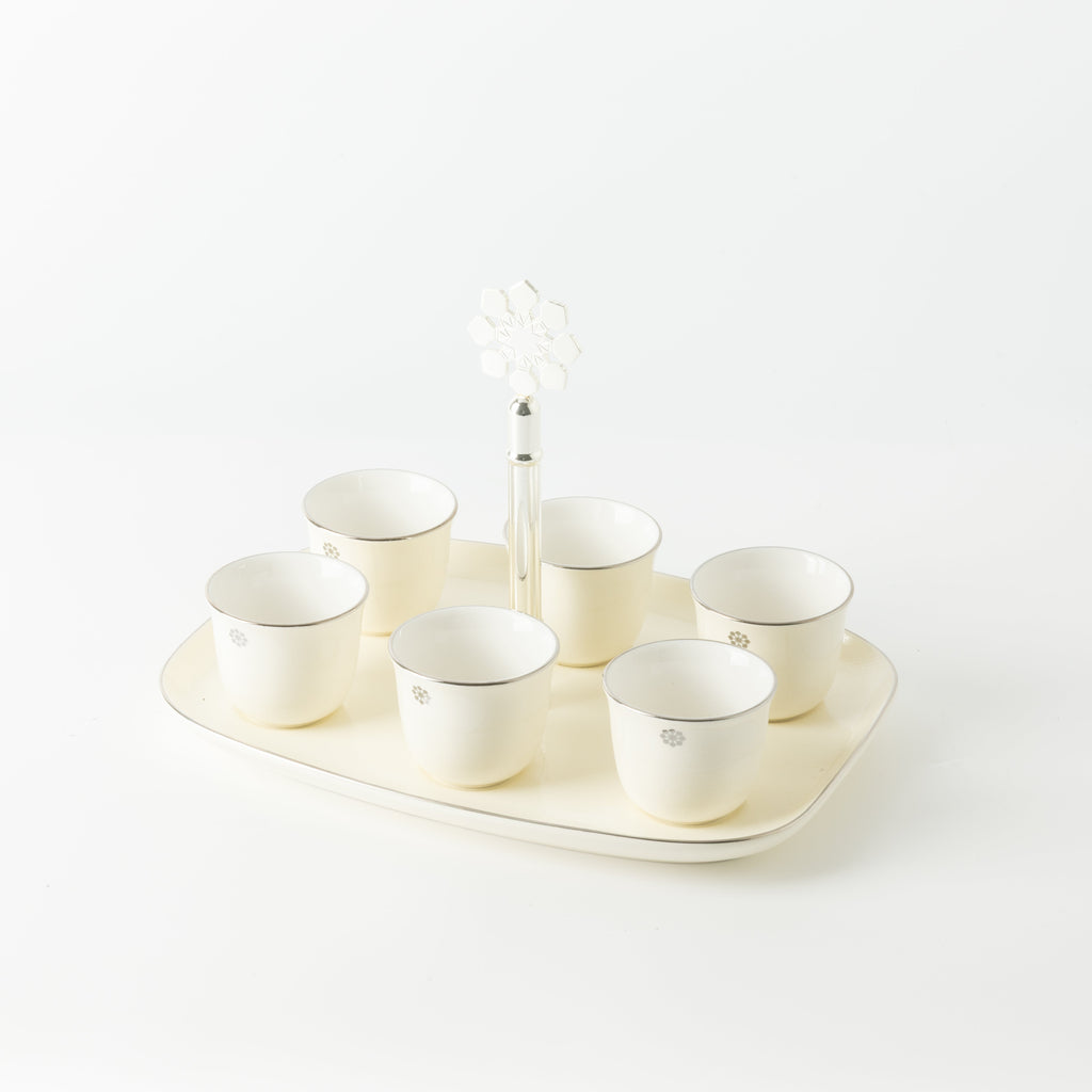 Mirral - Arabic Coffee Cups With Holder - White & Silver