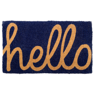 Cursive Hello Dark Blue Natural Coir Doormat