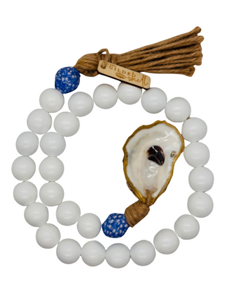 Coastal Grandmother White Bead Garland with Blue Sea Glass & 18K Gold Oyster