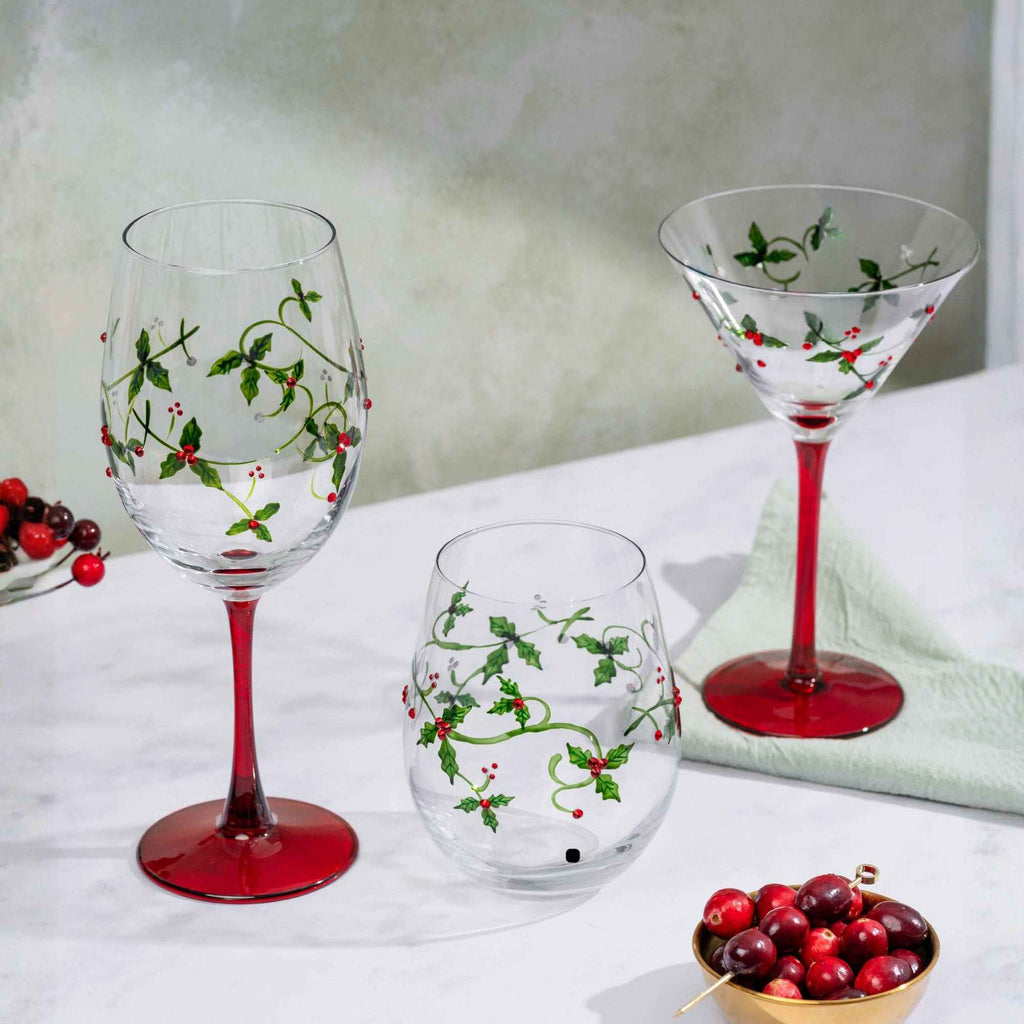 Hand-Painted Holly & Jeweled Berry Stemless Wine Glasses – Set of 2