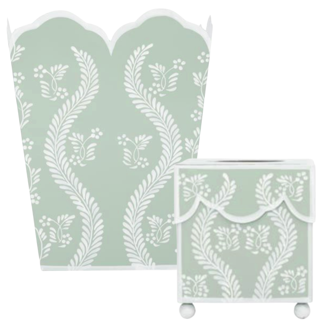 Sage Green Square Trellis Wastepaper Basket & Tissue Holder | Elegant Bath Décor