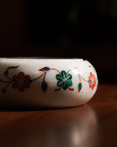 Mughal Red Flower Marble Coaster Set (6-Piece) – Gemstone Inlay Pietra Dura with Decorative Holder