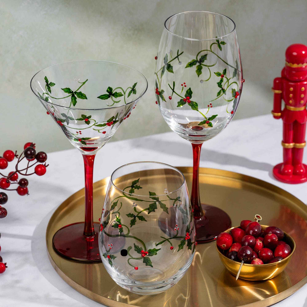 Hand-Painted Holly & Jeweled Berry Stemless Wine Glasses – Set of 2